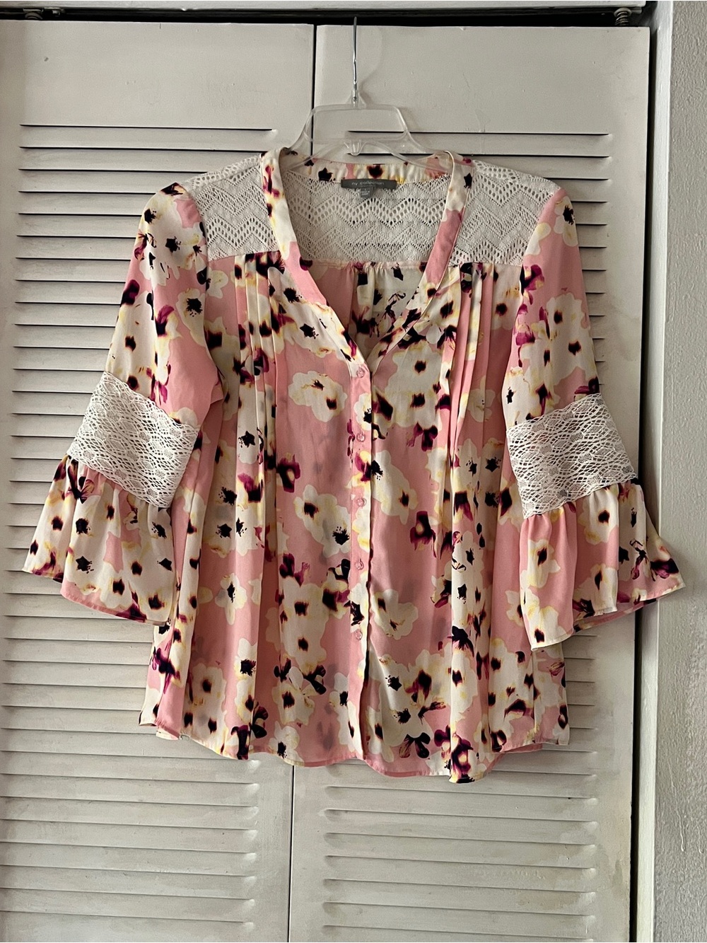 NY Collection Women's Pink Floral Lace-Sleeve Blouse